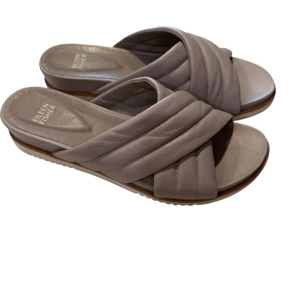 Eileen Fisher Kye Nappa Leather Slide Sandals Gray 8.5 Padded Comfort Resort